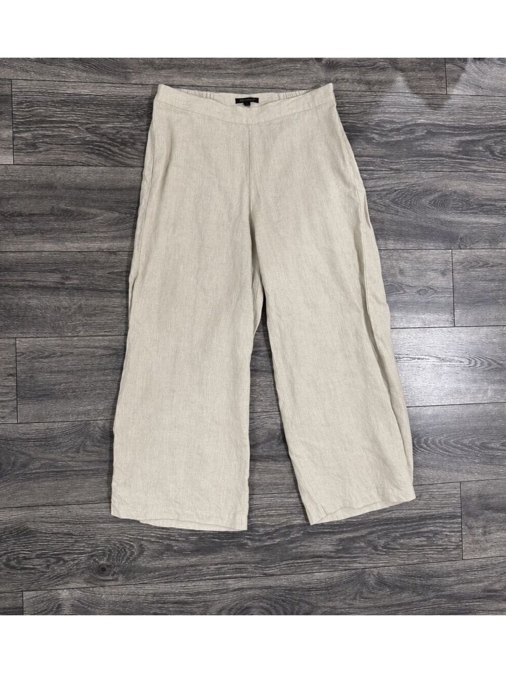For Cynthia Women M 100% Linen Beige Wide Leg Pull On Pants Coastal Boho